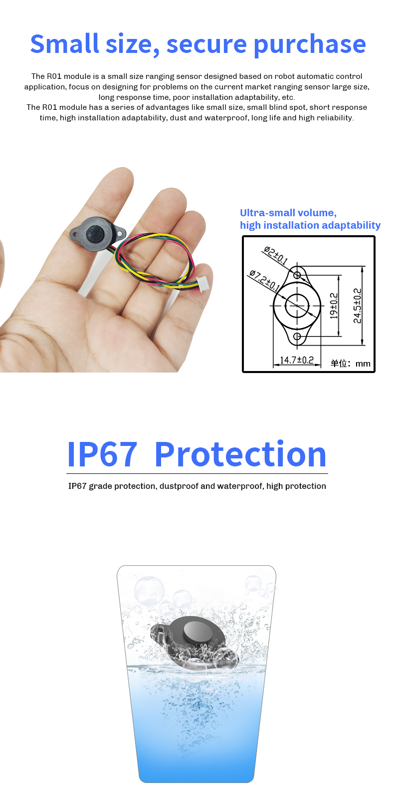 Small size and IP67 protection of R01