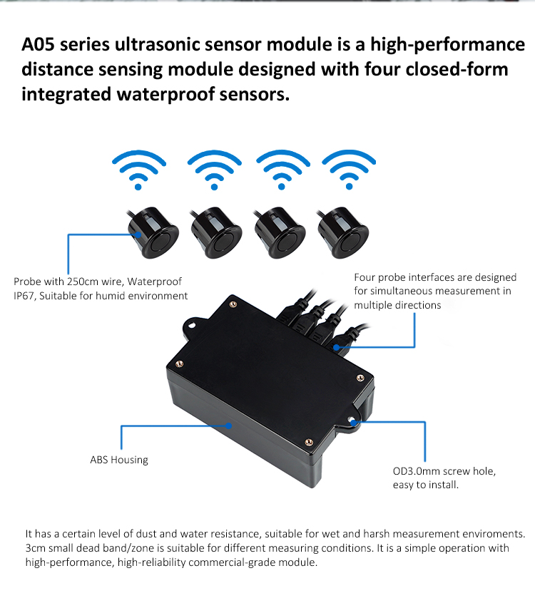 A05 is a high-performance distance sensing module designed with four closed-form integrated waterproof sensor