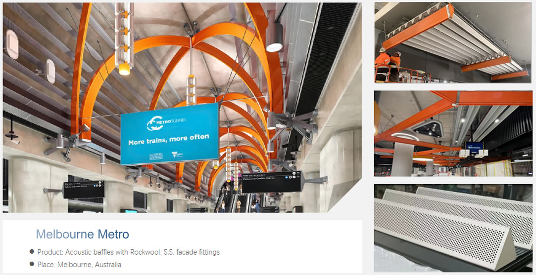 Baffles acoustiques avec Rockwool, raccords de façade S.S.