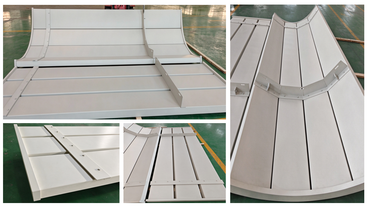 Custom curved fluted aluminum facade panel for residential building perimeter podium exterior cladding, vertical ribbed aluminium wall cladding