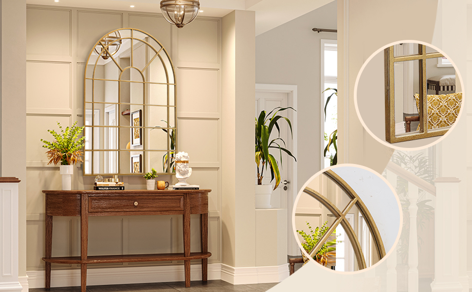 30*42-inch Aureum Window Arch Mirror brightening a minimalist living room