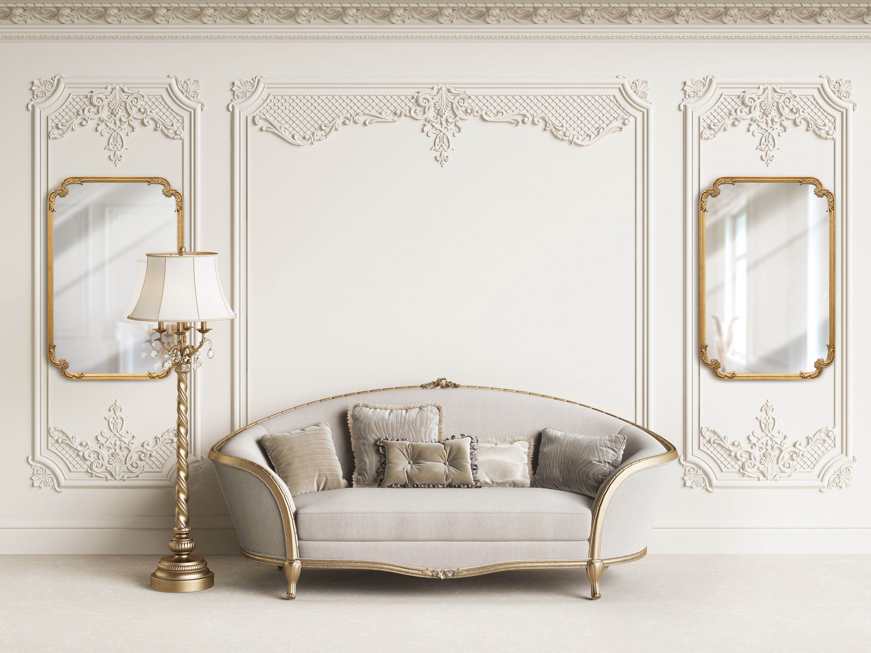 Golden mirror for wall in a luxury livingroom