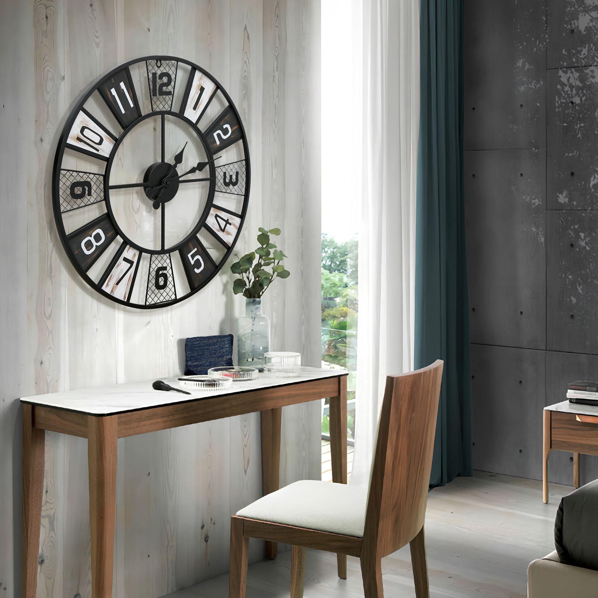 outdoor oversized clock on bedroom wall