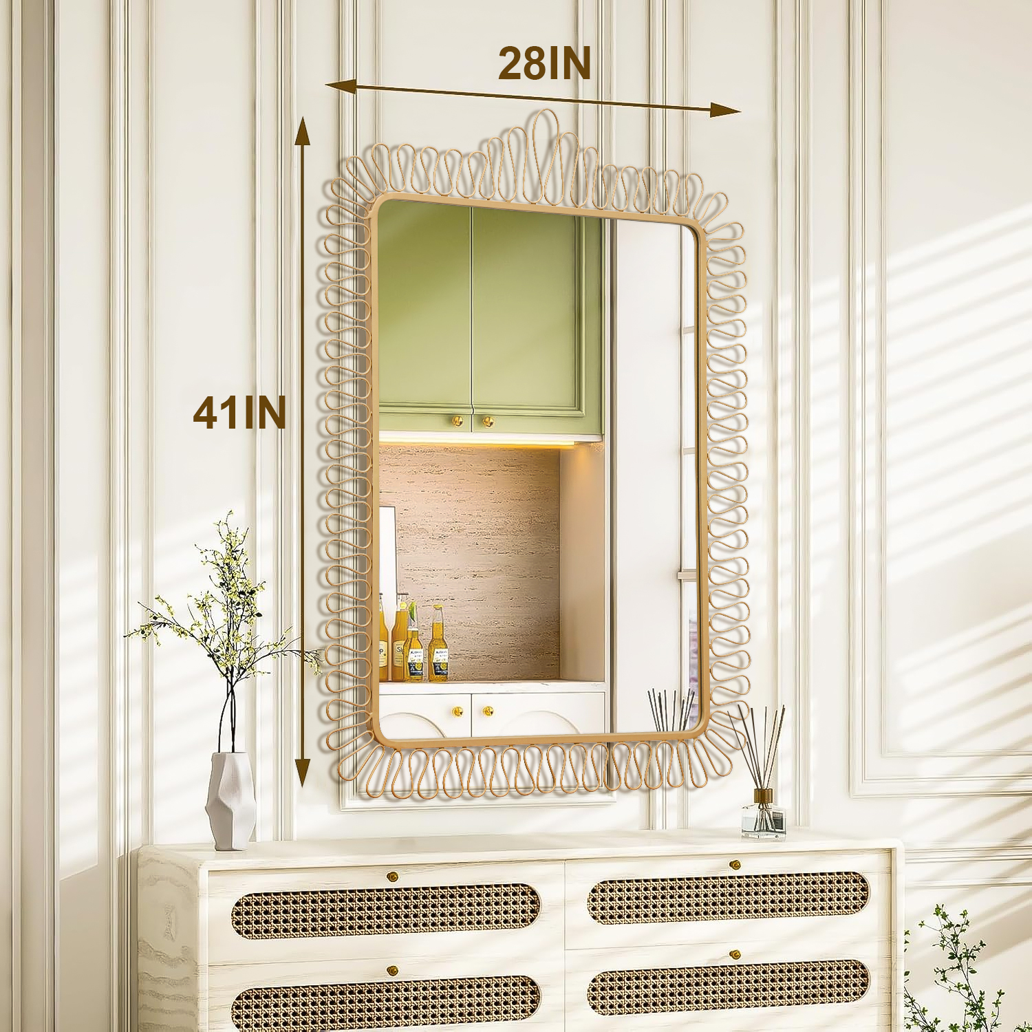 gold wall mirror on entryway wall with demension detail