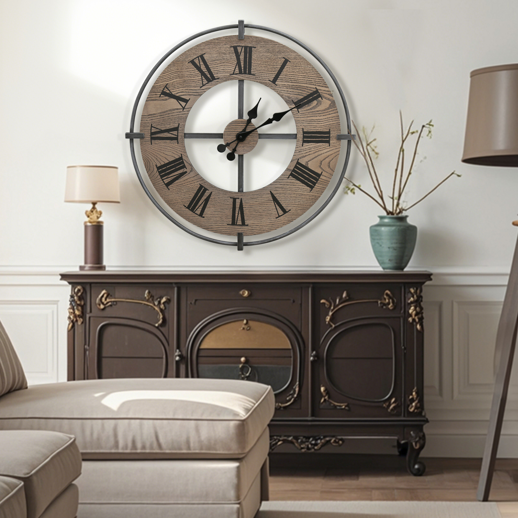 Antique european design livingroom with clock mantel antique clock on wall