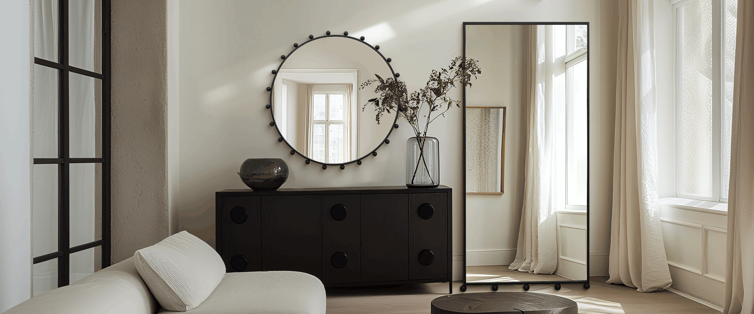 Elegant Modern Bubble-Edge Rectangular Dressing Barber Mirror enhancing a cozy living room ambiance