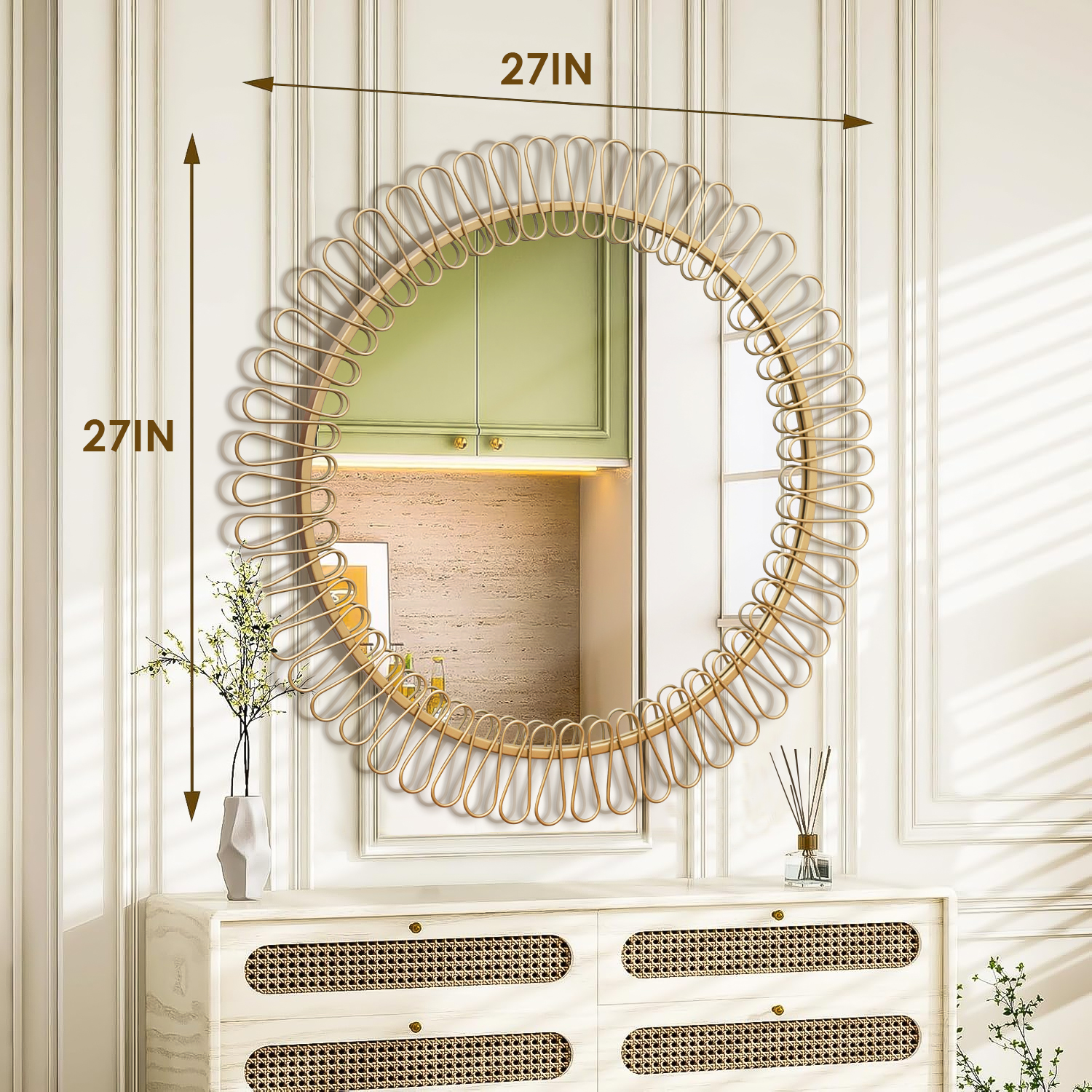 big wall mirror on entryway wall with demension detail