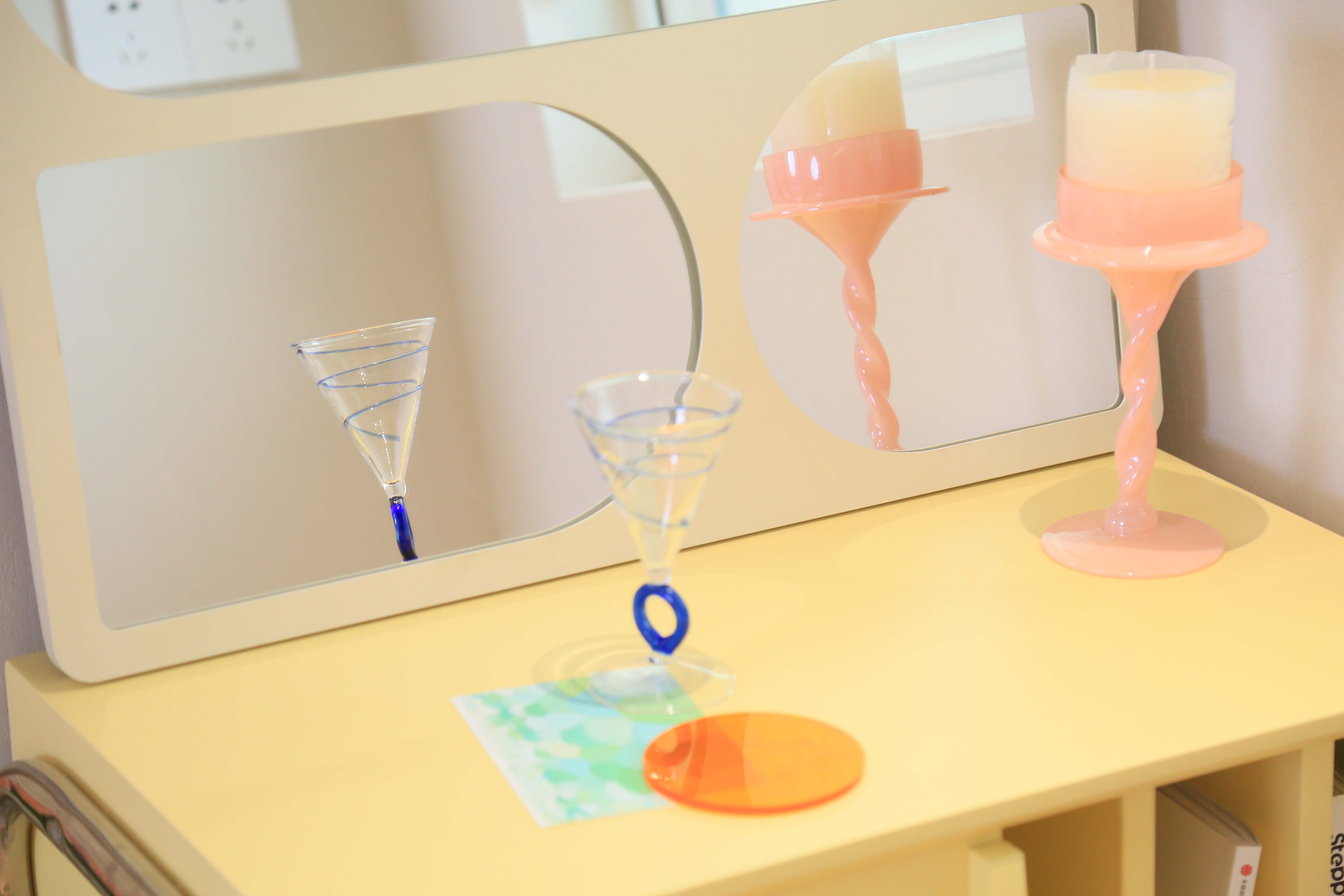 unique vanity mirror on a desk