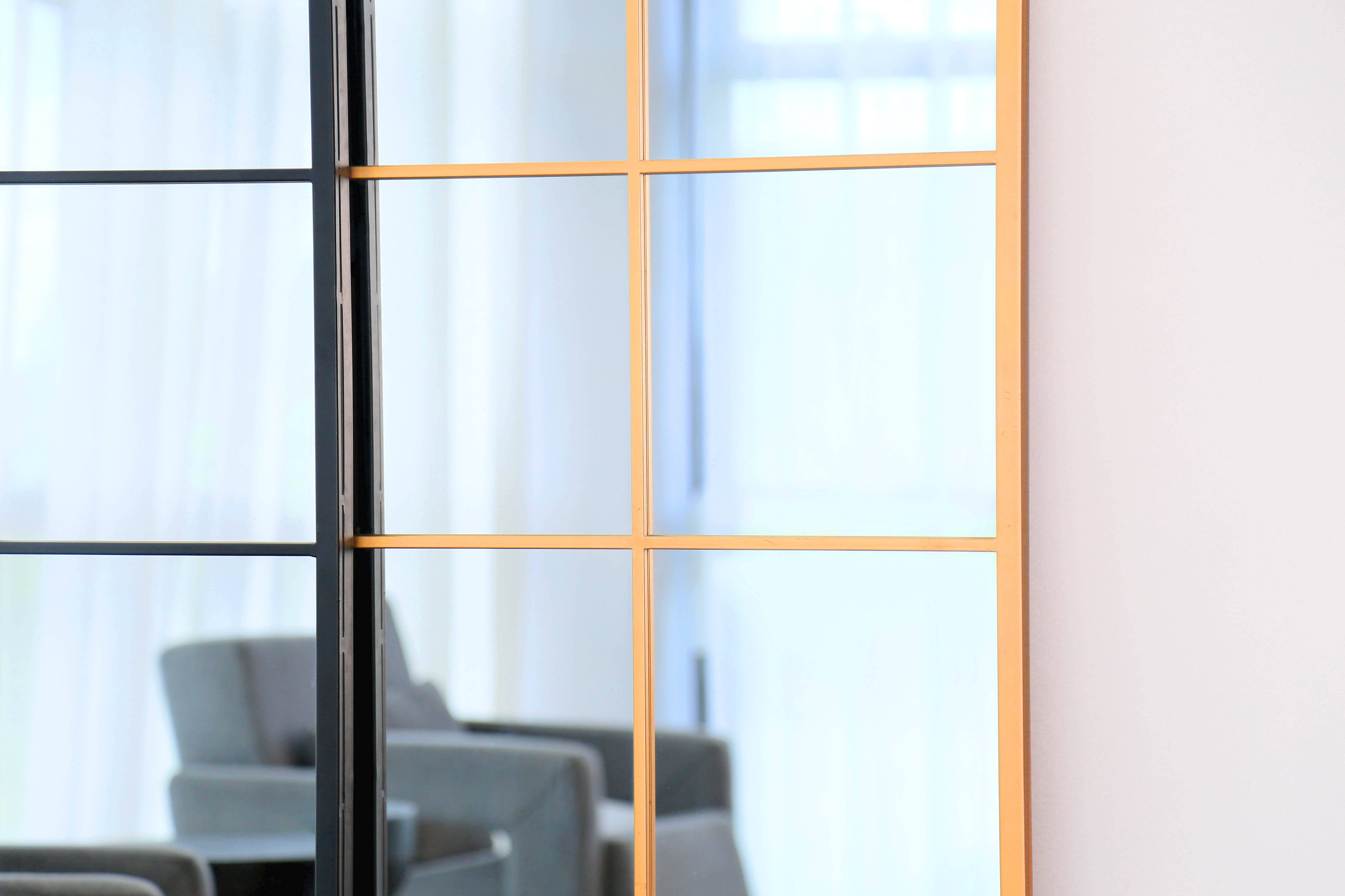 Close-up of the intricate frame detailing on the Modern Industrial Grid Huge Standing Mirror