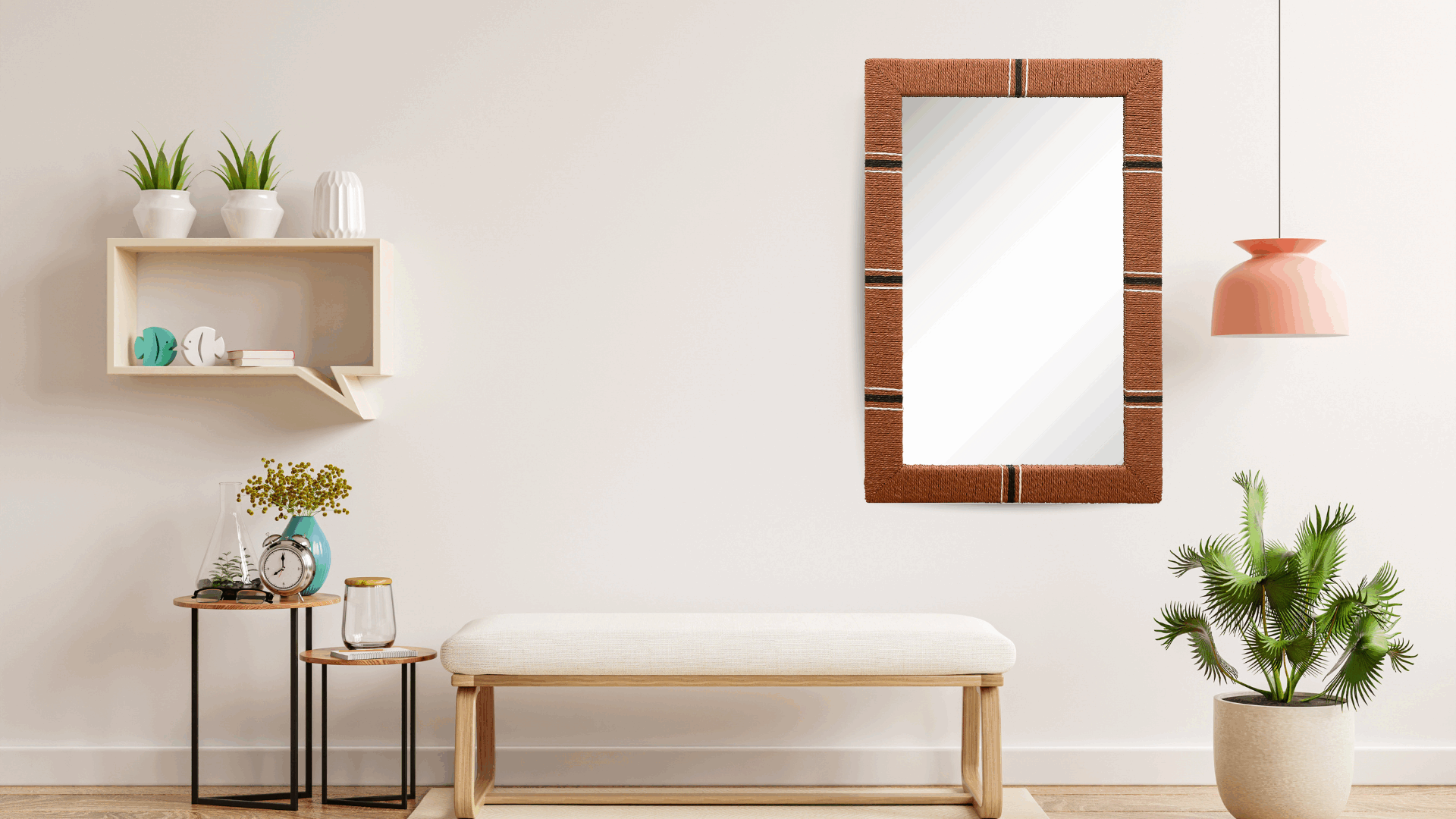 Bali Woven Large Rope Mirror beautifully complementing a modern restroom decor