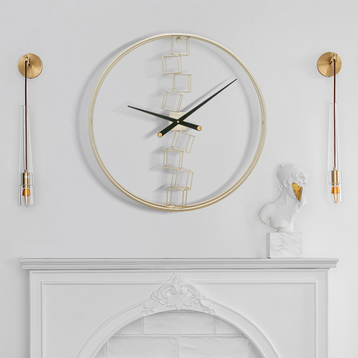 large lounge wall clocks above fireplace