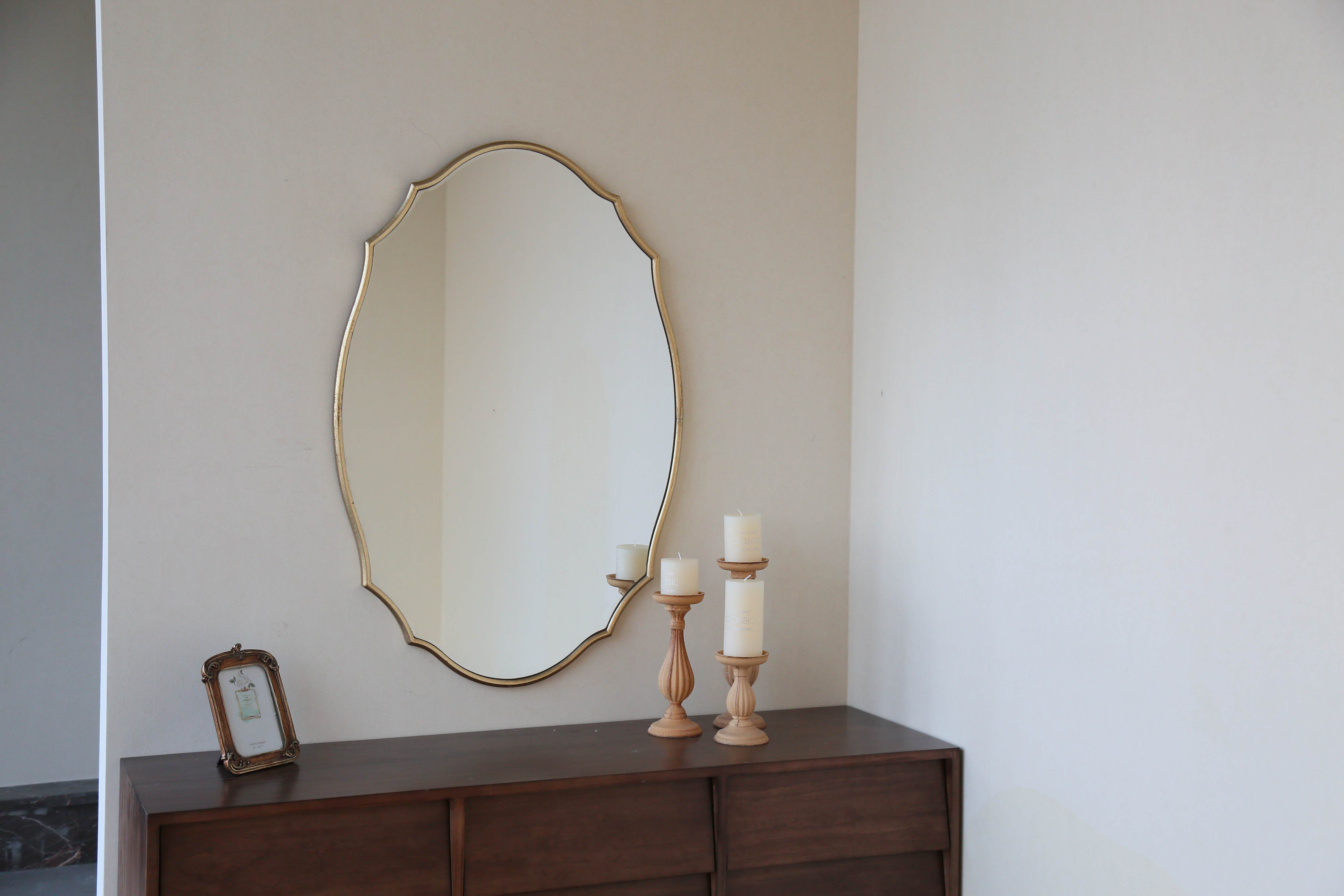 23*37 inch Exquisite Curved Entryway Big Gold Mirror brightening a minimalist Entryway