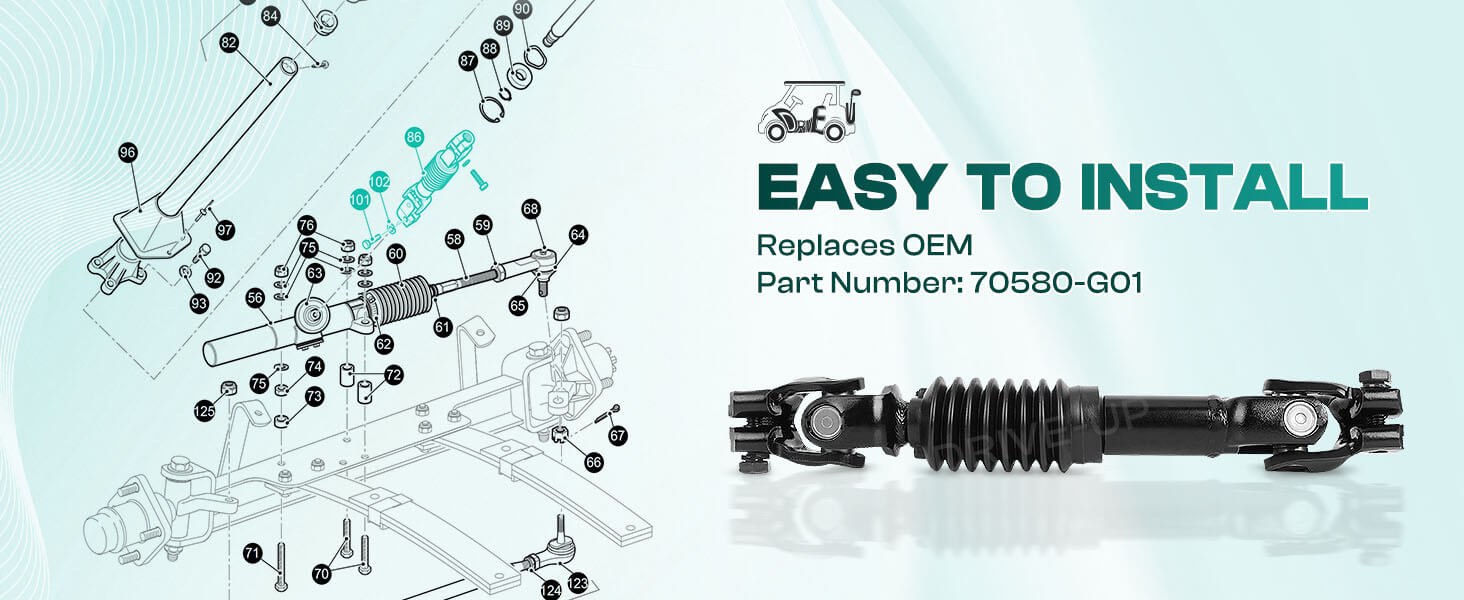 Drive-up golf cart steering shaft is easy to install.