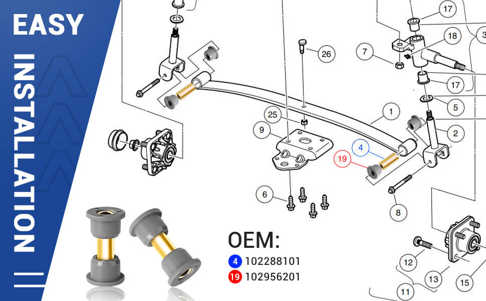 Drive-up Club Car front leaf spring bushing and sleeve kit Features genuine OEM-grade replacements, bushings (OEM #102956201), sleeves (OEM #102288101)