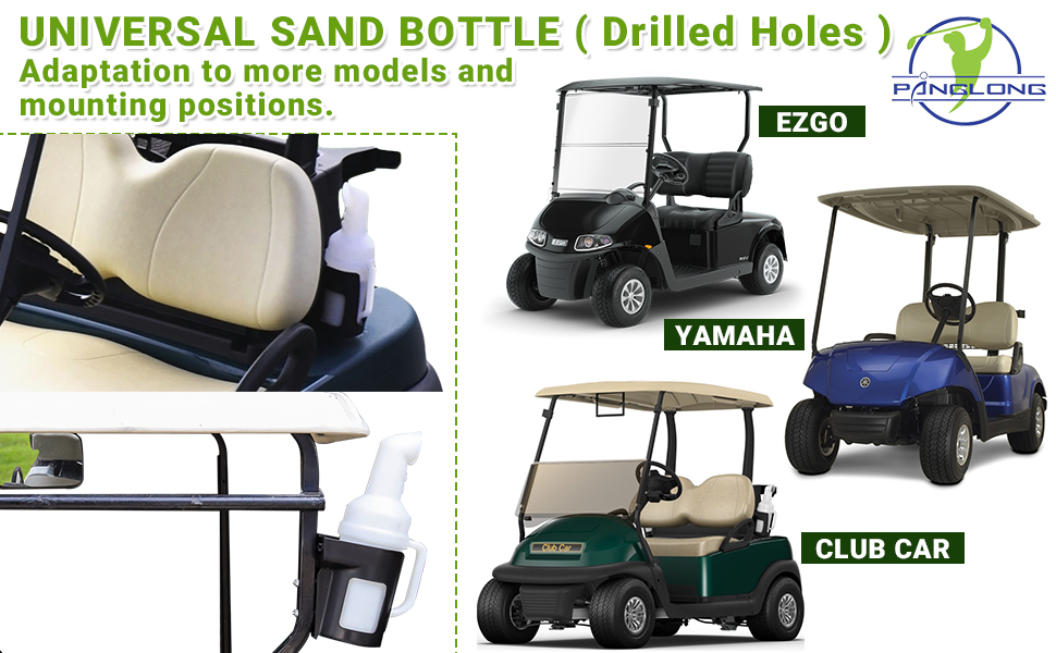 This versatile golf cart sand bottle is designed to fit most major golf cart brands, including EZGO, Club Car, and Yamaha models.