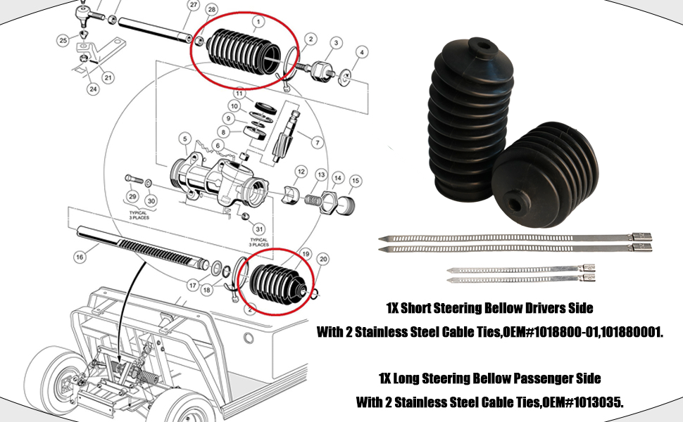 This golf cart steering bellows kit restores factory performance and protection, OEM# 1013035 101880001
