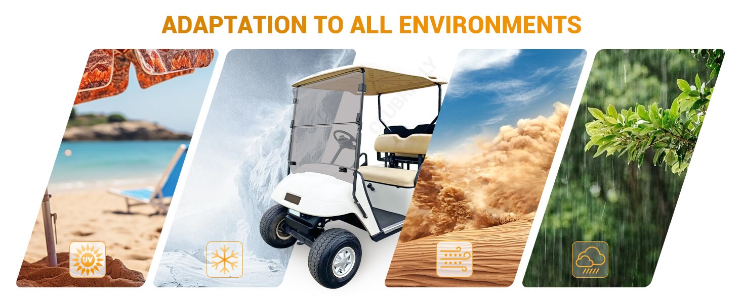 Drive-up EZGO golf cart windshield adapts to all enviorment