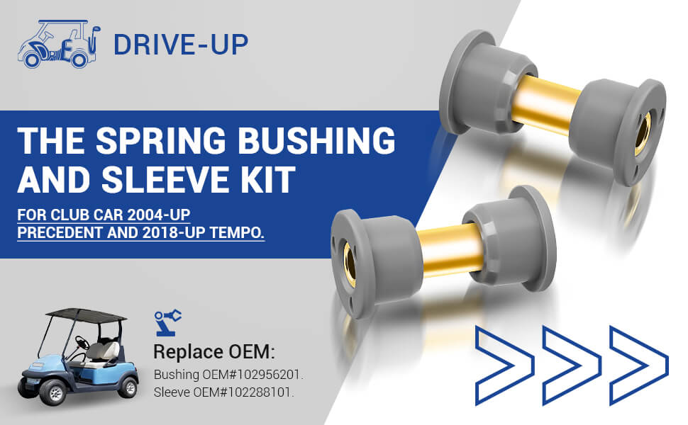 This golf cart bushings and sleeves kit is engineered for the club car front leaf spring of 2004 and newer Club Car Precedent gas/electric models and 2018-Up Club Car Tempo golf carts.