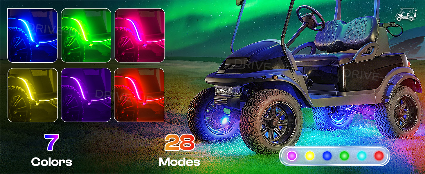 Drive-up golf cart underglow have colors and 28 modes