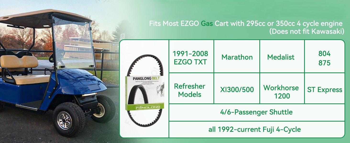Drive-up EZGO Golf Cart Timing Belts fit TXT, Marathon, Medalist, Workhorse, Shuttle, and ST series carts.  Does not fit Kawasaki engines.
