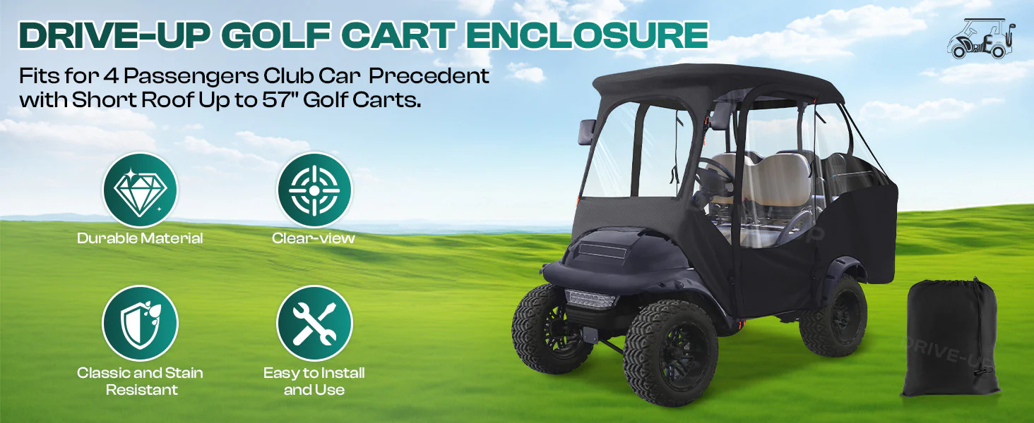 Drive-up golf cart enclosure is engineered specifically for 4-passenger Club Car Precedent models with short roofs up to 57.5