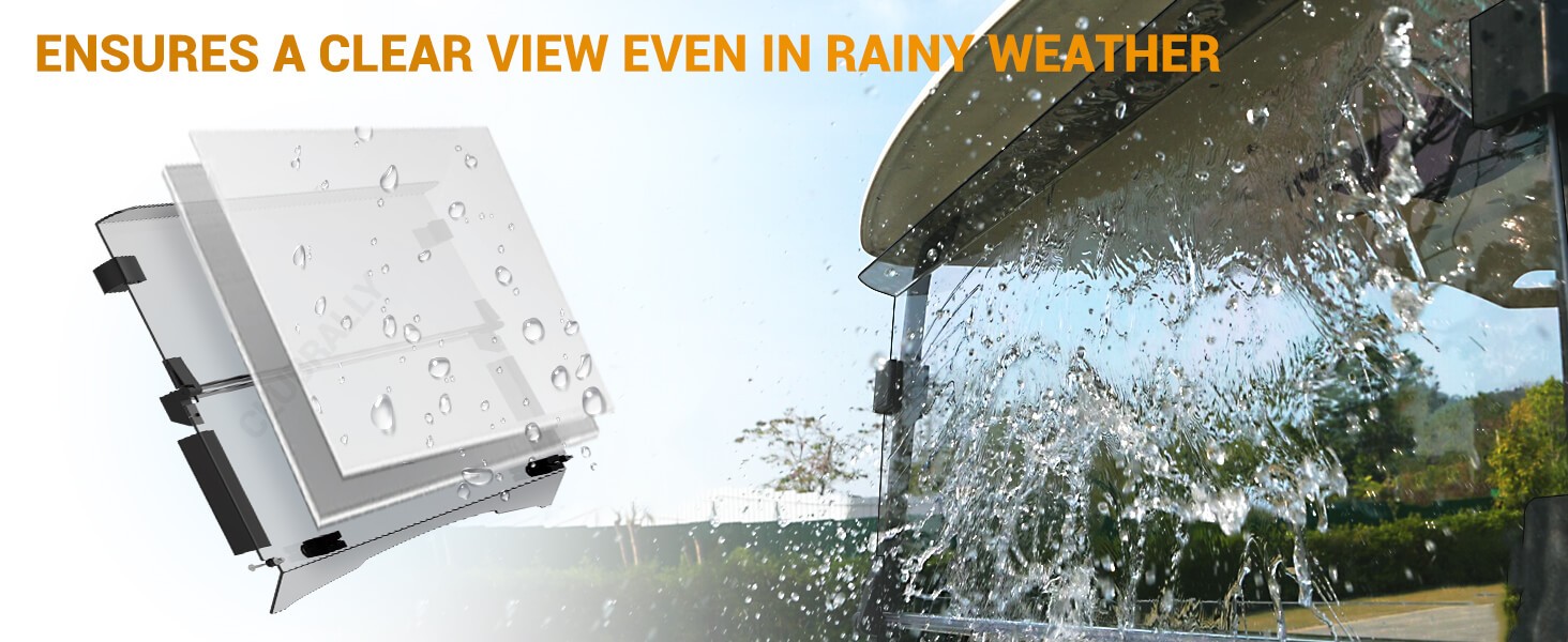 Drive-up EZGO golf cart windshield ensures a clear view even in rainy weather