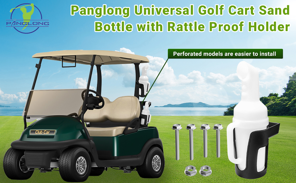 The package includes one durable golf cart sand bottle with an easy-pour handle, one anti-rattle stand base, and complete screw and nut sets.