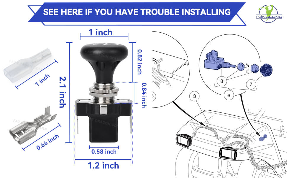 golf cart push button light switch's dimension and installation diagram