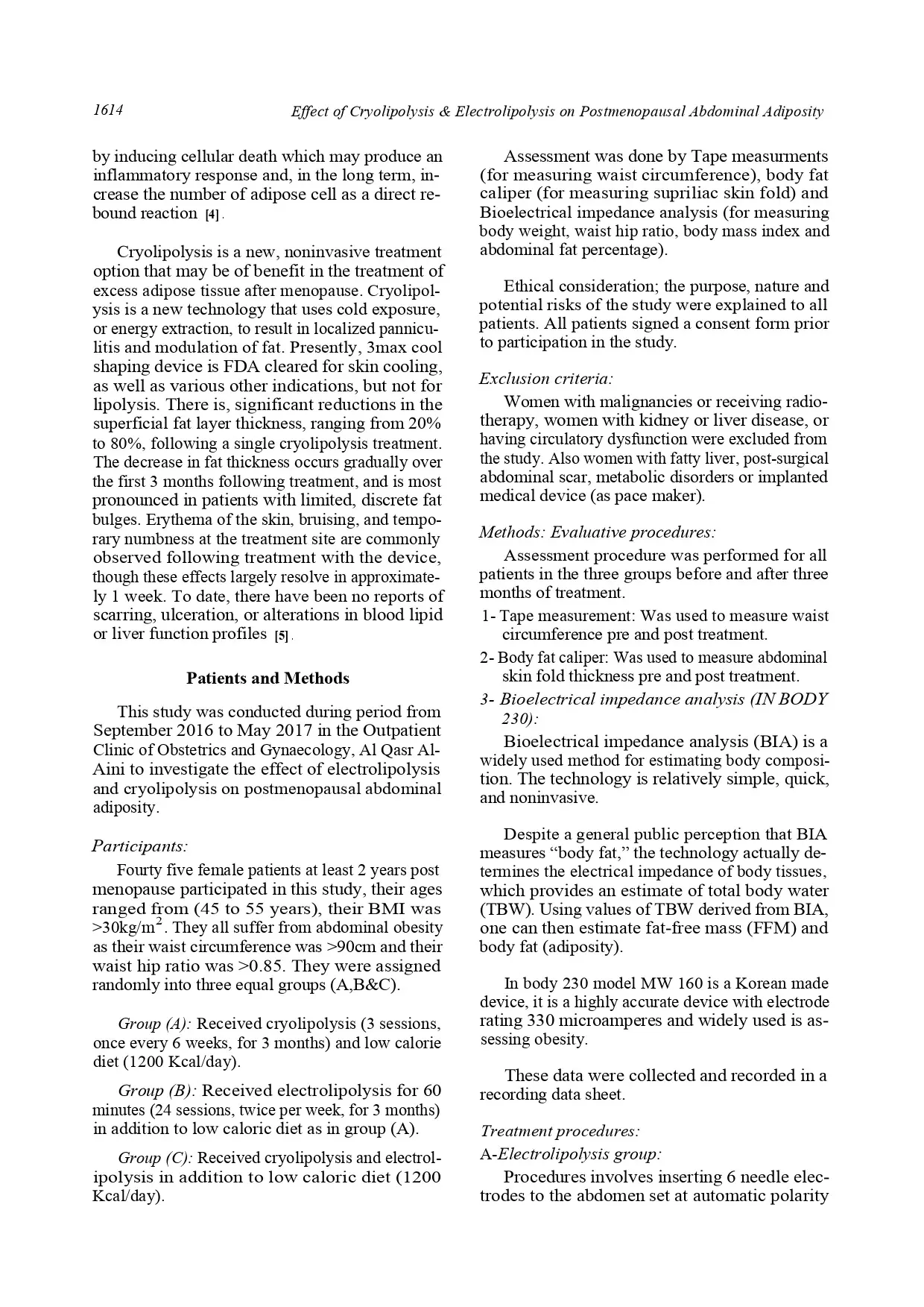 Effect of Cryolipolysis and Electrolipolysis on PostmenopausalAbdominal Adiposity