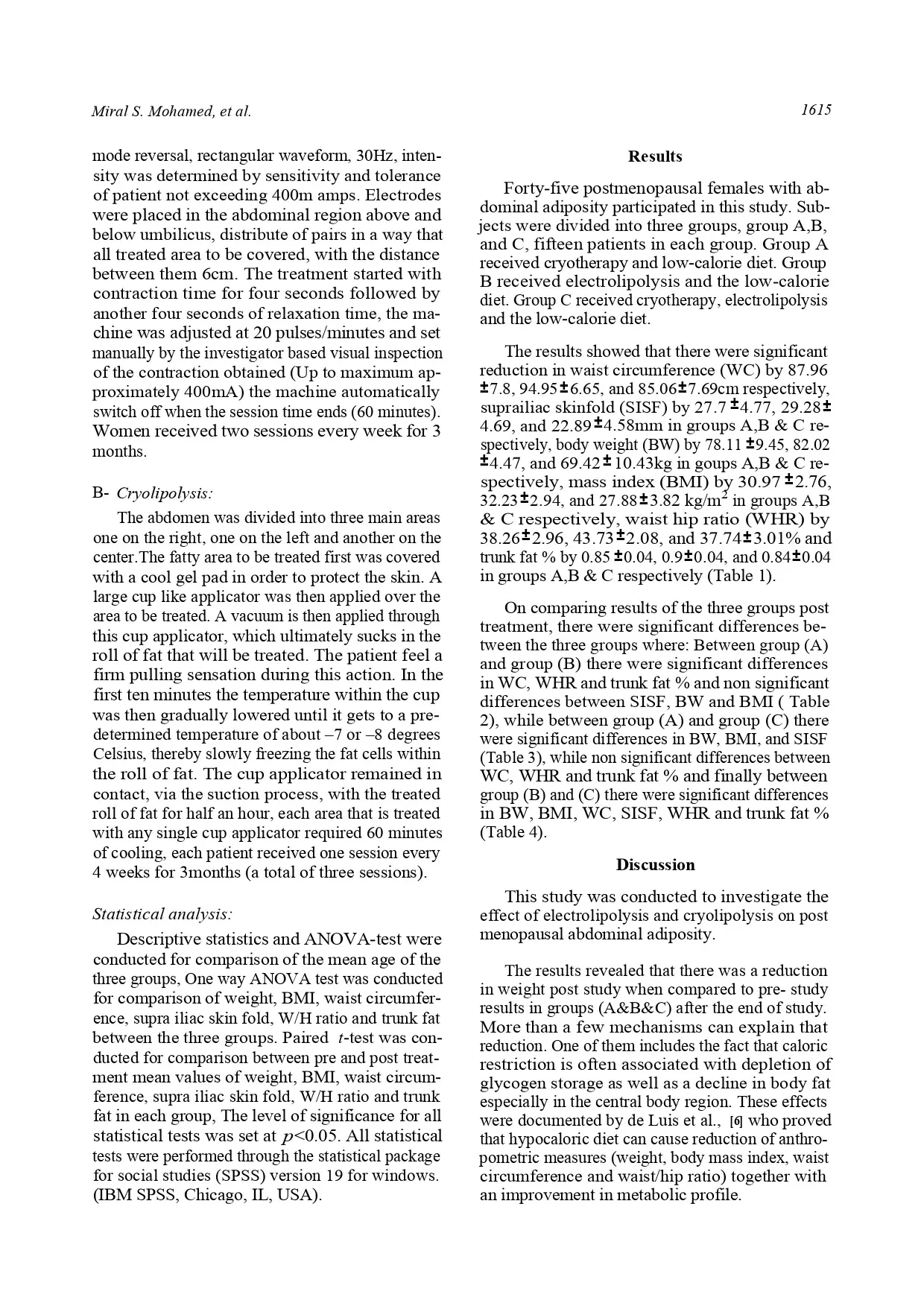 Effect of Cryolipolysis and Electrolipolysis on PostmenopausalAbdominal Adiposity