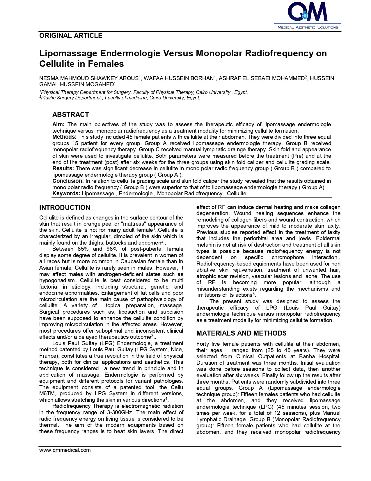 Lipomassage Endermologie Versus Monopolar Radiofrequency on Cellulite in Females