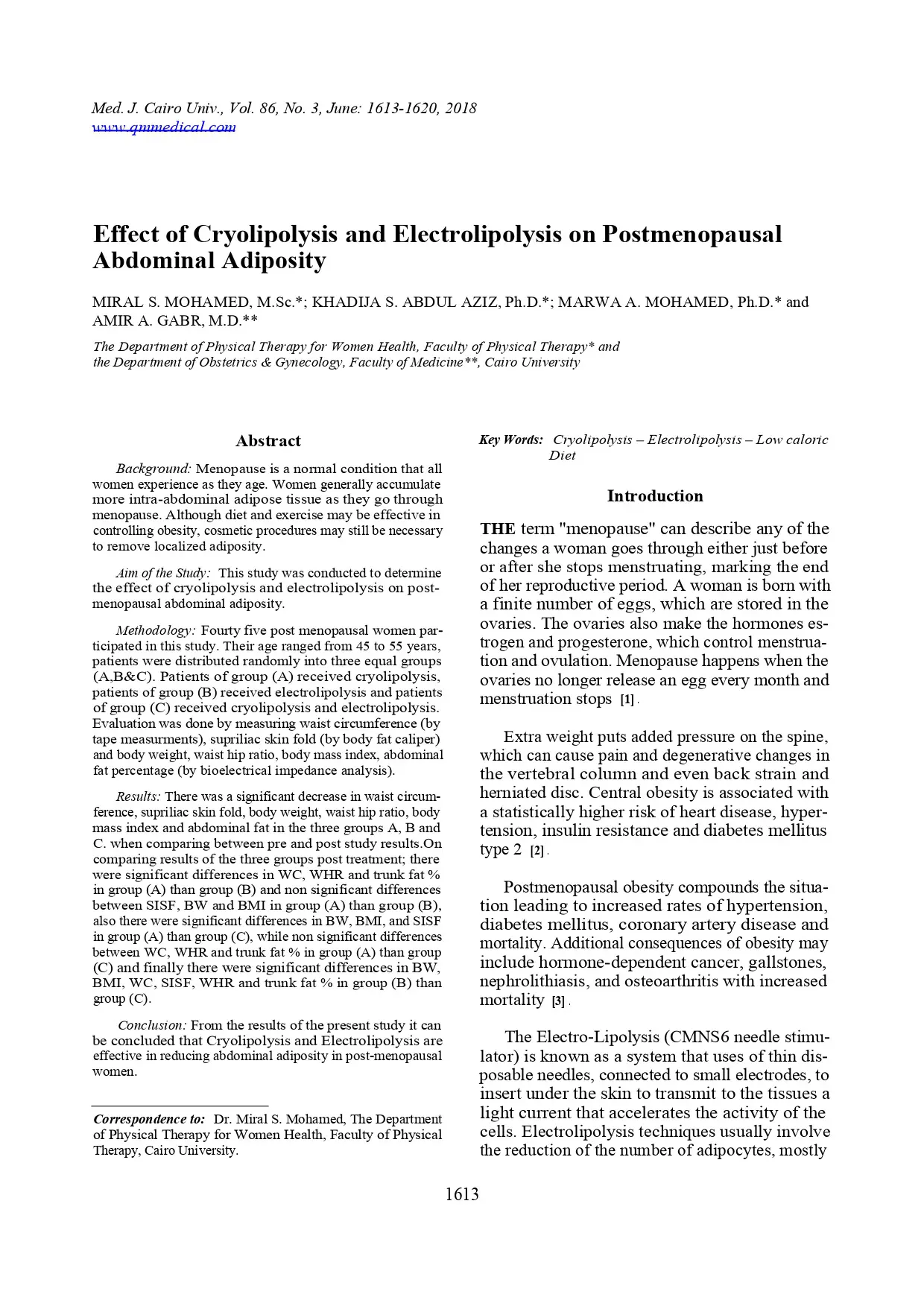 Effect of Cryolipolysis and Electrolipolysis on PostmenopausalAbdominal Adiposity