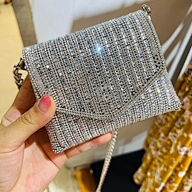 2025 Luxury Designer Silvery Mini Evening Bag Women's Rhinestone Chain Small Wallet Fashionable Flap Closure Adjustable Strap