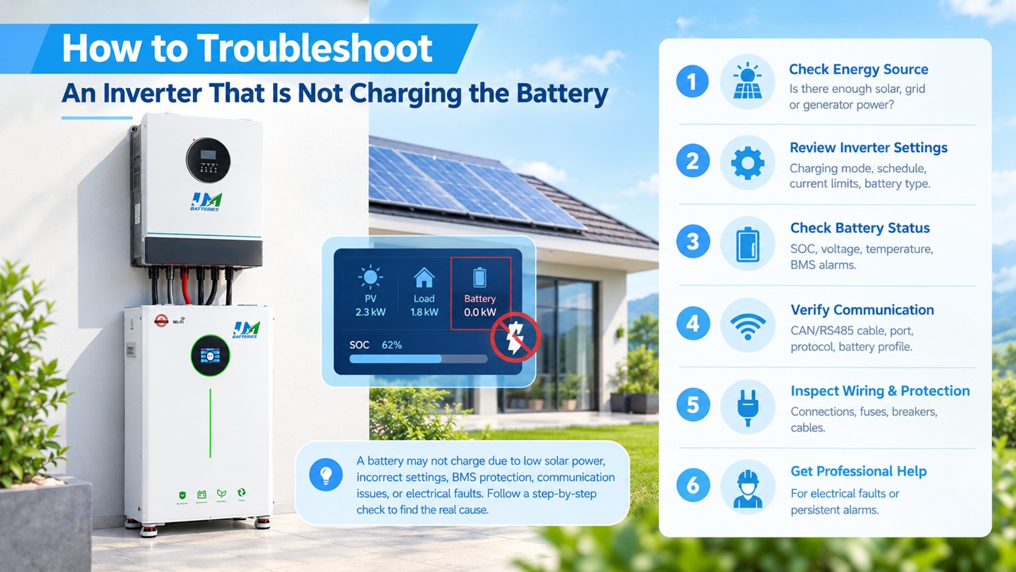 Schritte zur Fehlerbehebung bei einem Solarwechselrichter, der eine Heimbatterie nicht lädt.