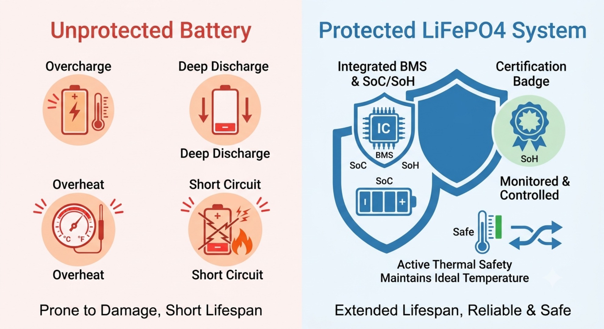 Comparison of risks between unprotected lithium batteries and fully protected JM Energy Tech LiFePO4 home storage