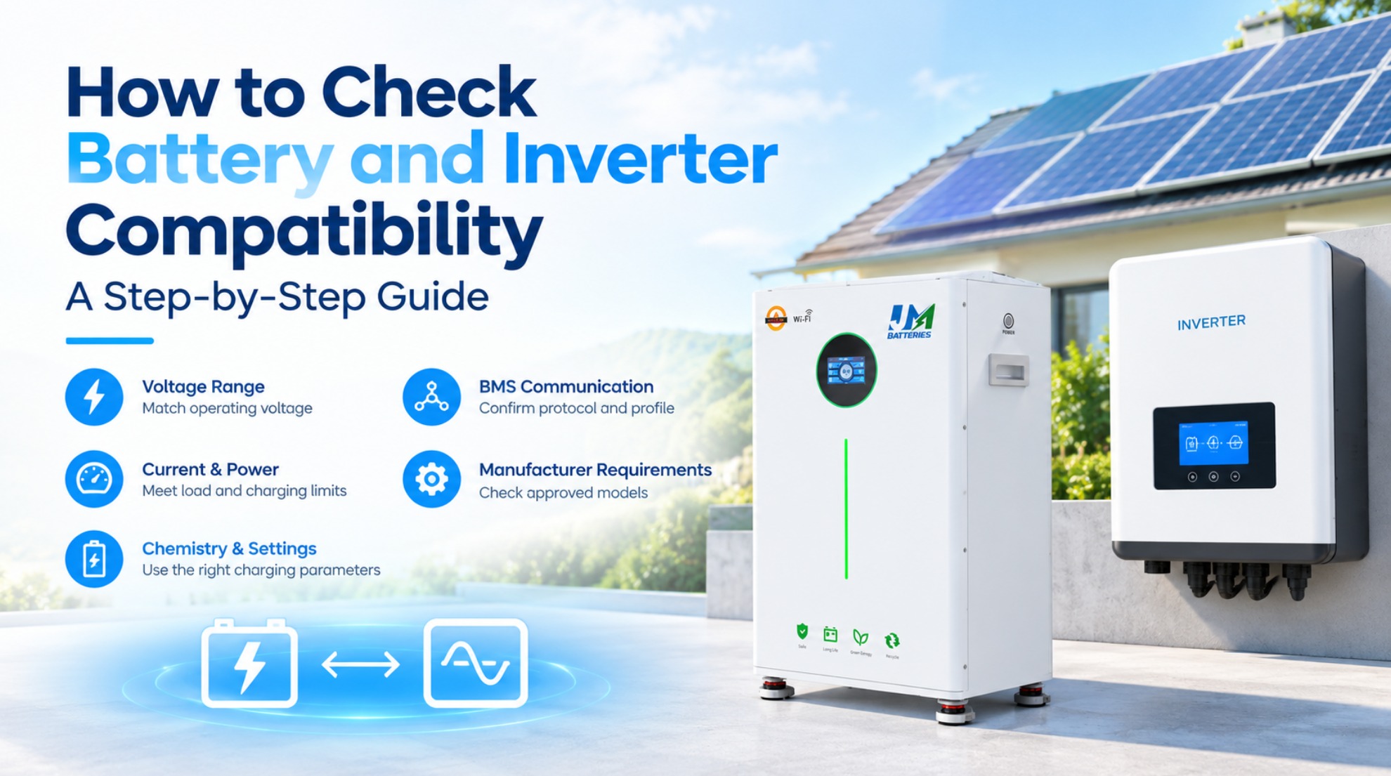 So überprüfen Sie die Kompatibilität von Batterie und Wechselrichter durch Vergleich von Spannung, Strom, Ladeeinstellungen und BMS-Kommunikation.