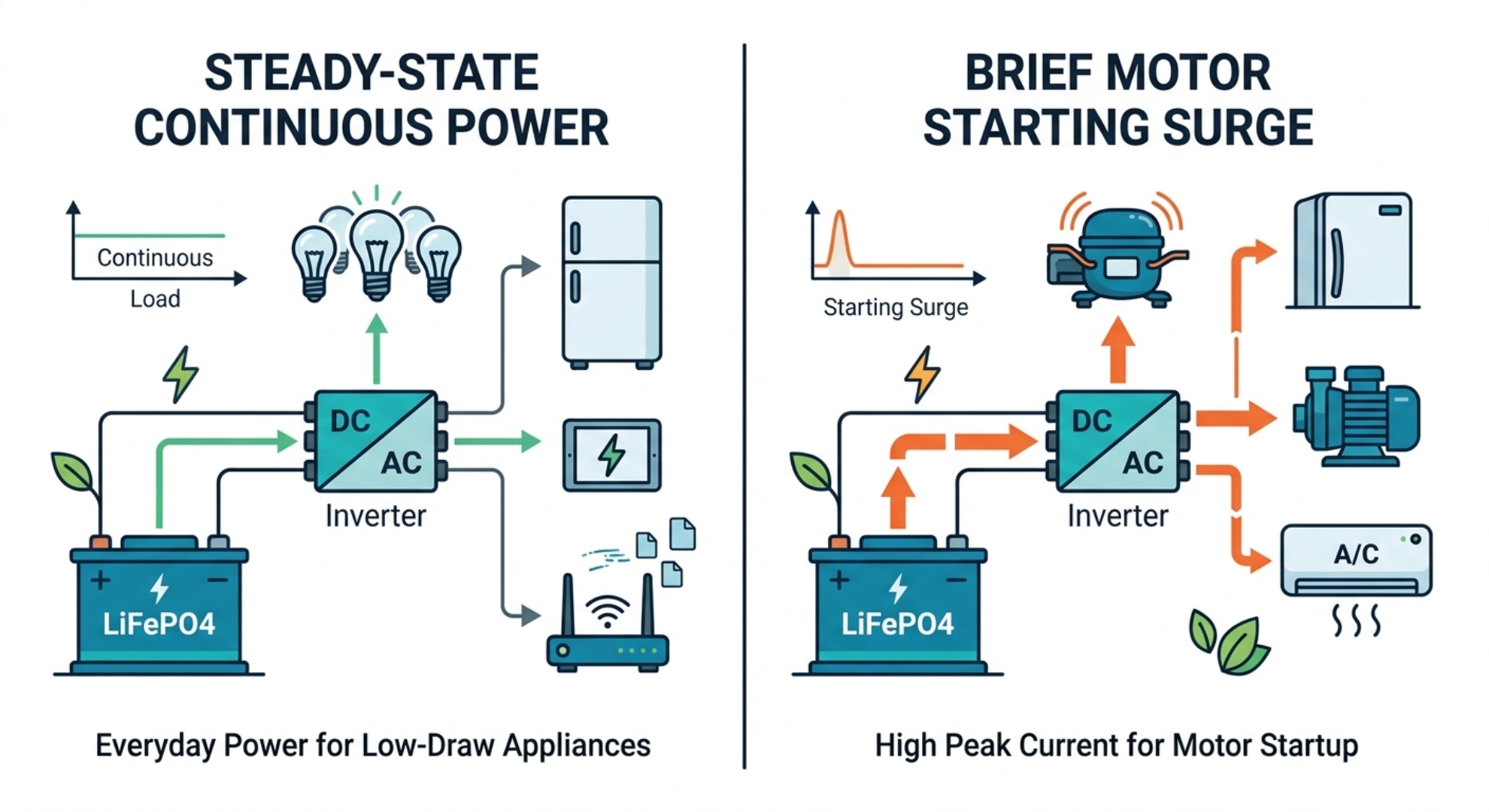 Flat vector comparison of continuous power loads and motor startup surge from refrigerators, pumps, and air conditioners