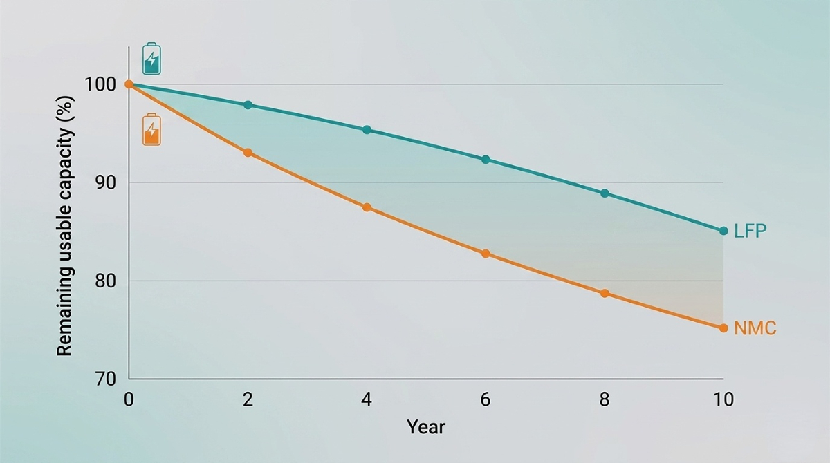 Liniendiagramm, das die jährliche Verschlechterung über 10 Jahre zeigt: LFP-Chemie verschlechtert sich um 1,5–3 % pro Jahr, NMC verschlechtert sich um 2–4 % pro Jahr, kumulierte Differenz der nutzbaren Kapazität.