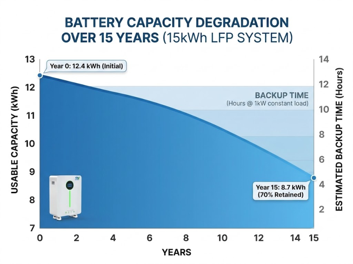 15kWh LFP battery capacity degradation curve over 15 year lifespan warranty