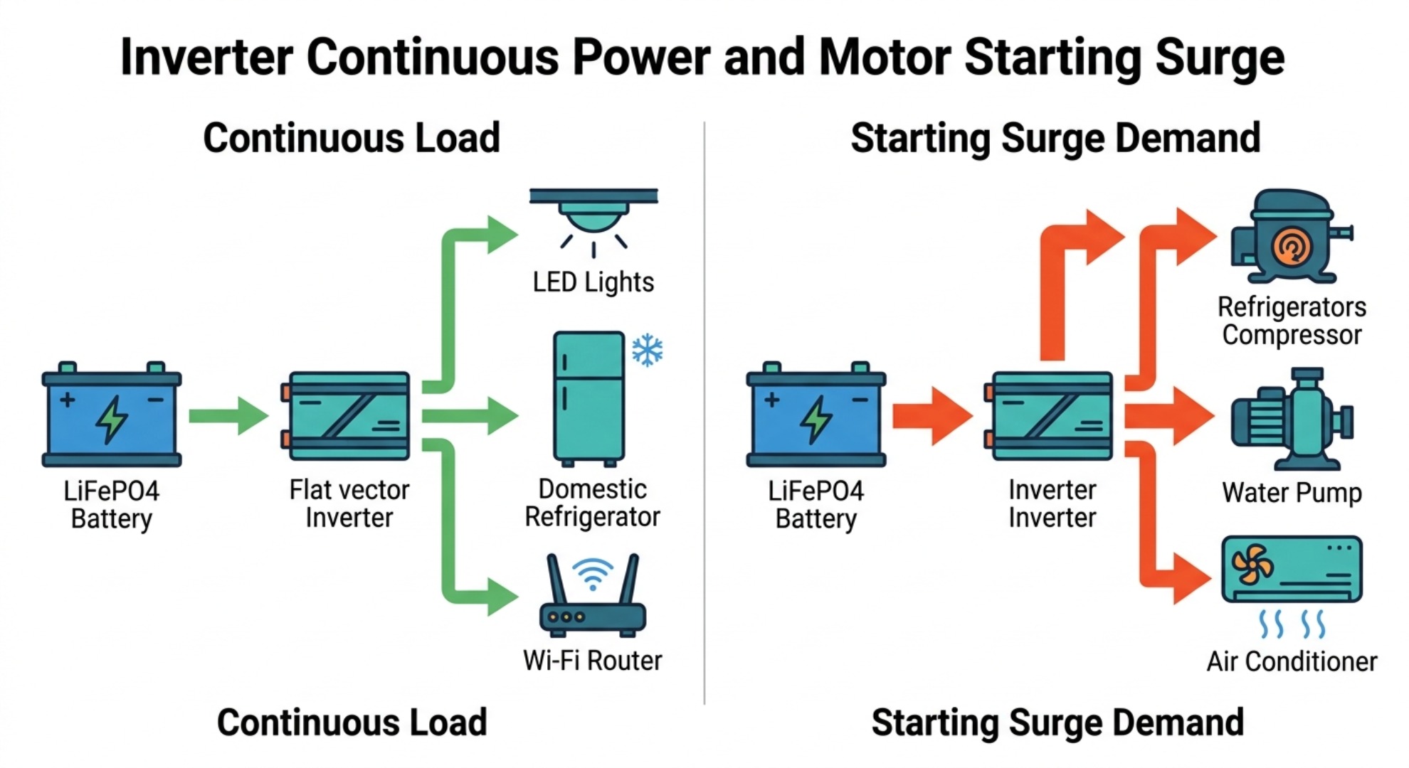 Infographic showing the relationship between household AC loads, inverter efficiency, battery voltage, and battery-side current