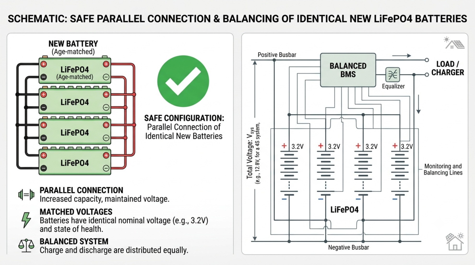 Correct parallel connection schematic for matching LiFePO4 battery bank