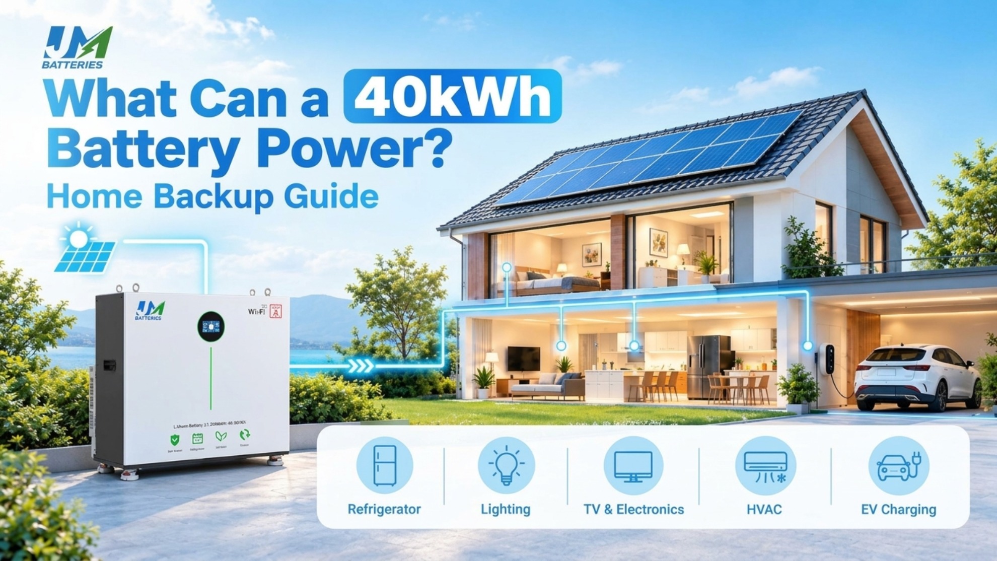 Diagramm, das zeigt, was eine 40-kWh-Heimbatterie mit Strom versorgen kann, einschließlich kritischer Lasten, schwerer Geräte, Aufladen von Elektrofahrzeugen und Vorteilen bei der Reduzierung von Sonnenspitzen.