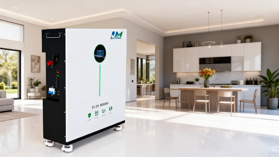 51.2V 600Ah 48 volt lithium battery for home backup power, minimalist design in a modern American house, realistic photo