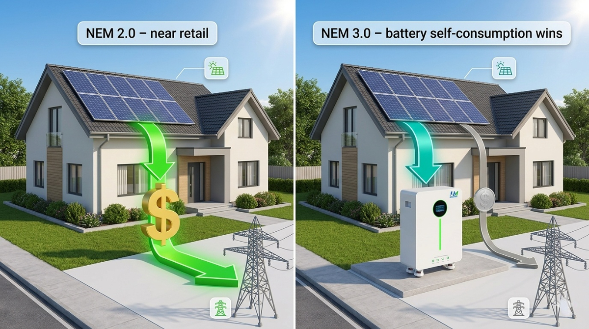 Vergleichsgrafik, die NEM 2.0 mit hohem Exportkredit (Sonne zu Netz) im Vergleich zu NEM 3.0 mit niedrigem Exportkredit und Schwerpunkt auf Batterie-Eigenverbrauch zeigt.