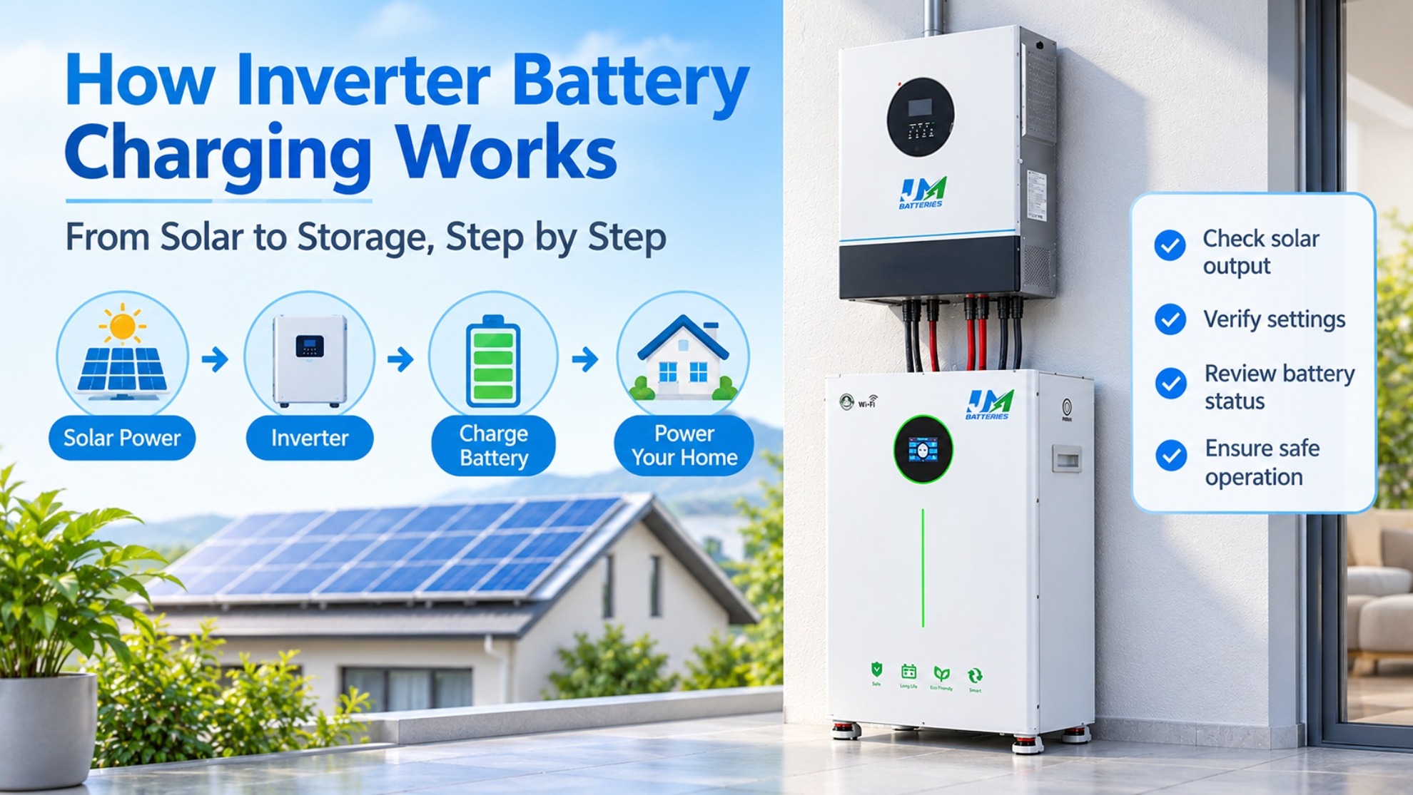 Wie Solarstrom durch einen Wechselrichter fließt, um eine LiFePO4-Heimbatterie aufzuladen.