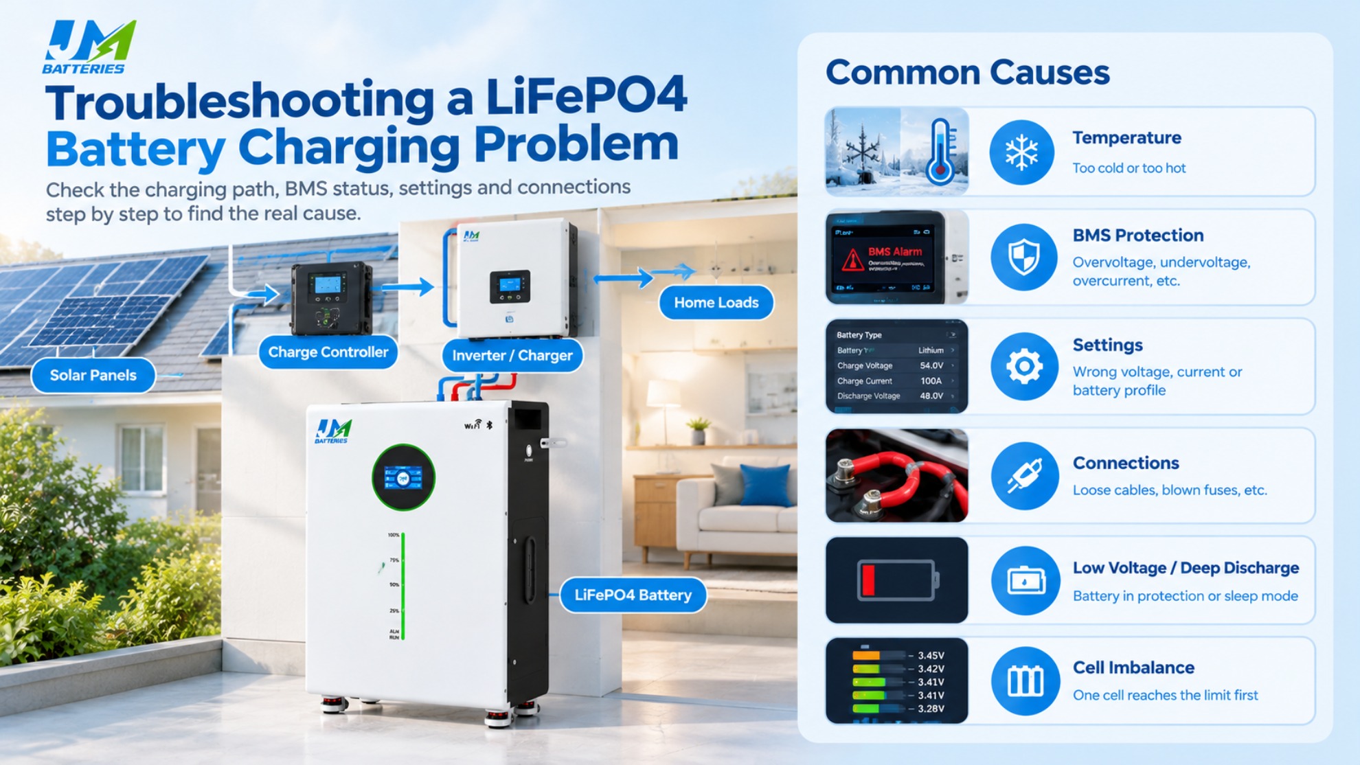 Diagnose von LiFePO4-Batterieladefehlern mit Anzeige von Temperaturgrenzen, BMS-Alarmen, Ladegeräteinstellungen, losen Verbindungen, niedriger Spannung und Zellungleichgewicht