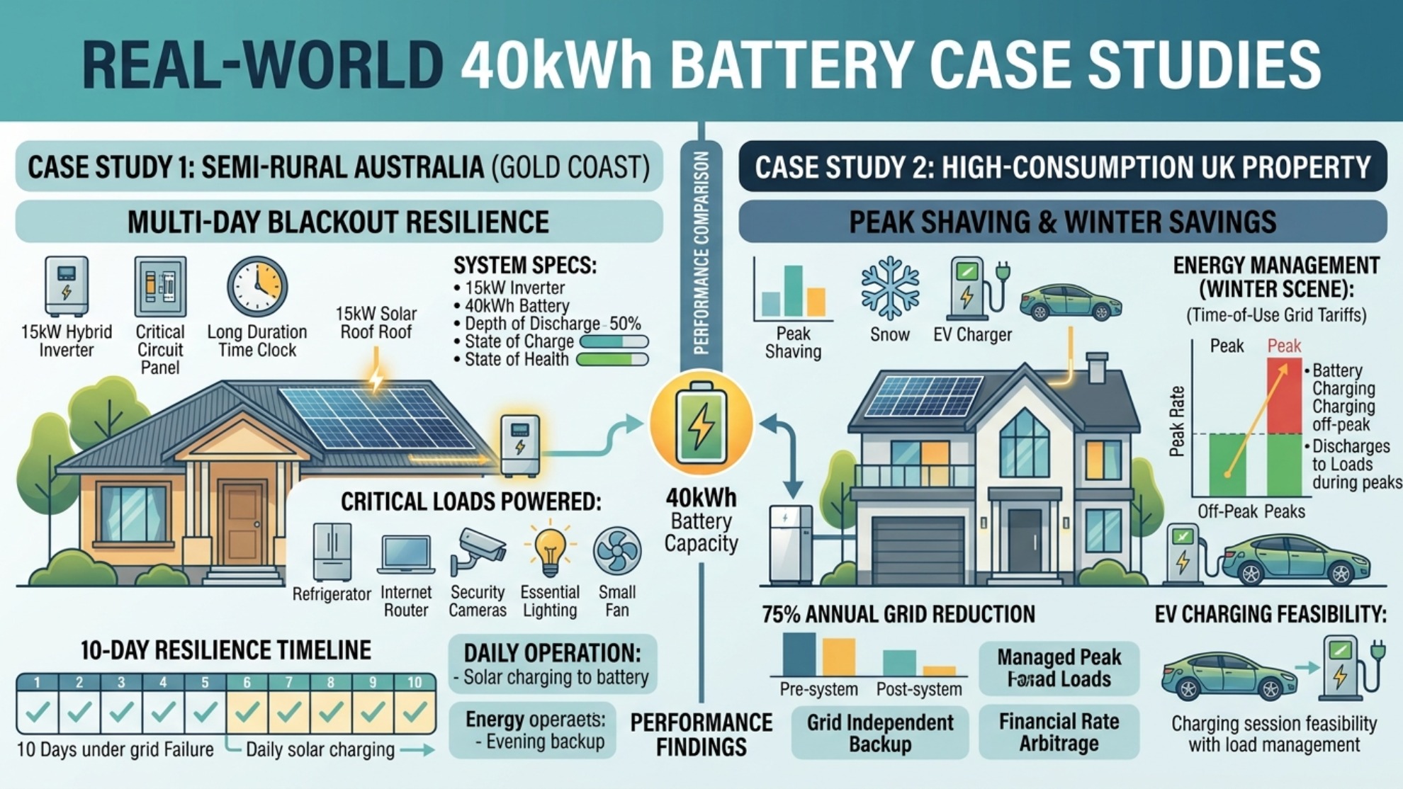 Praxisnahe Fallstudien zu 40-kWh-Heimbatterien, in denen die Widerstandsfähigkeit bei mehrtägigen Stromausfällen in Australien mit den Einsparungen bei Spitzenrasur im Winter im Vereinigten Königreich verglichen wird.