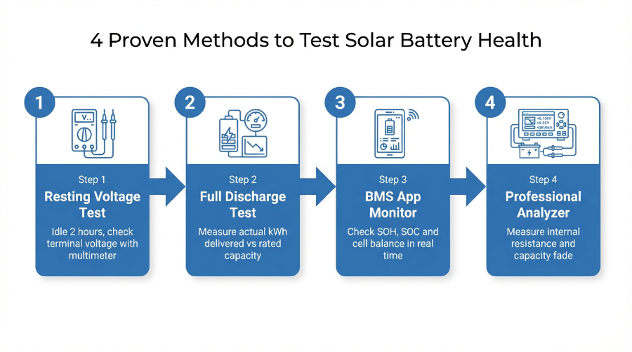 4 bewährte Methoden zum Testen des Zustands von Solarbatterien, einschließlich Spannungstest, Entladetest, BMS-App und Batterieanalysator