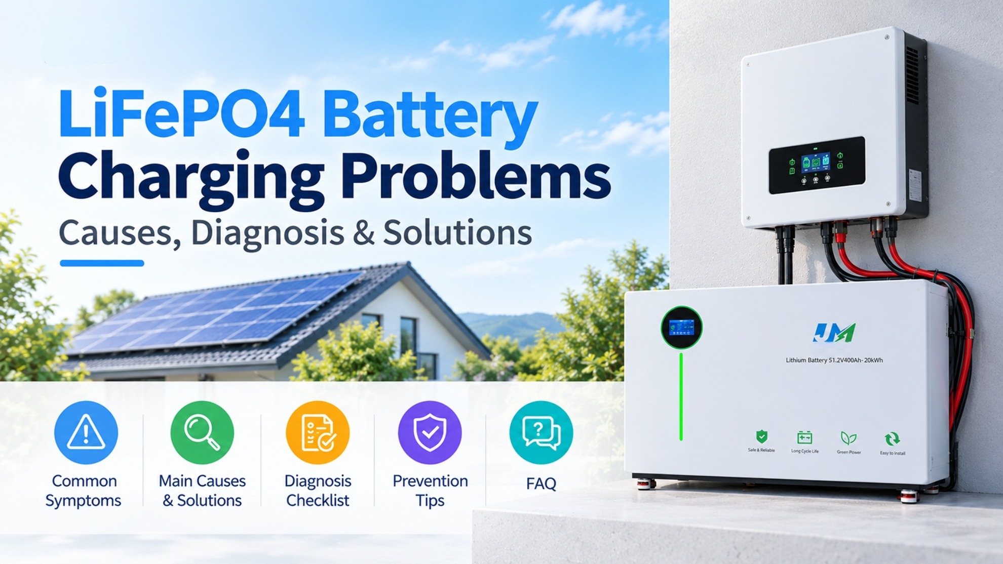 Probleme beim Laden von LiFePO4-Batterien, einschließlich häufiger Ursachen, Diagnose und Lösungen für Solarenergiespeichersysteme für Privathaushalte.