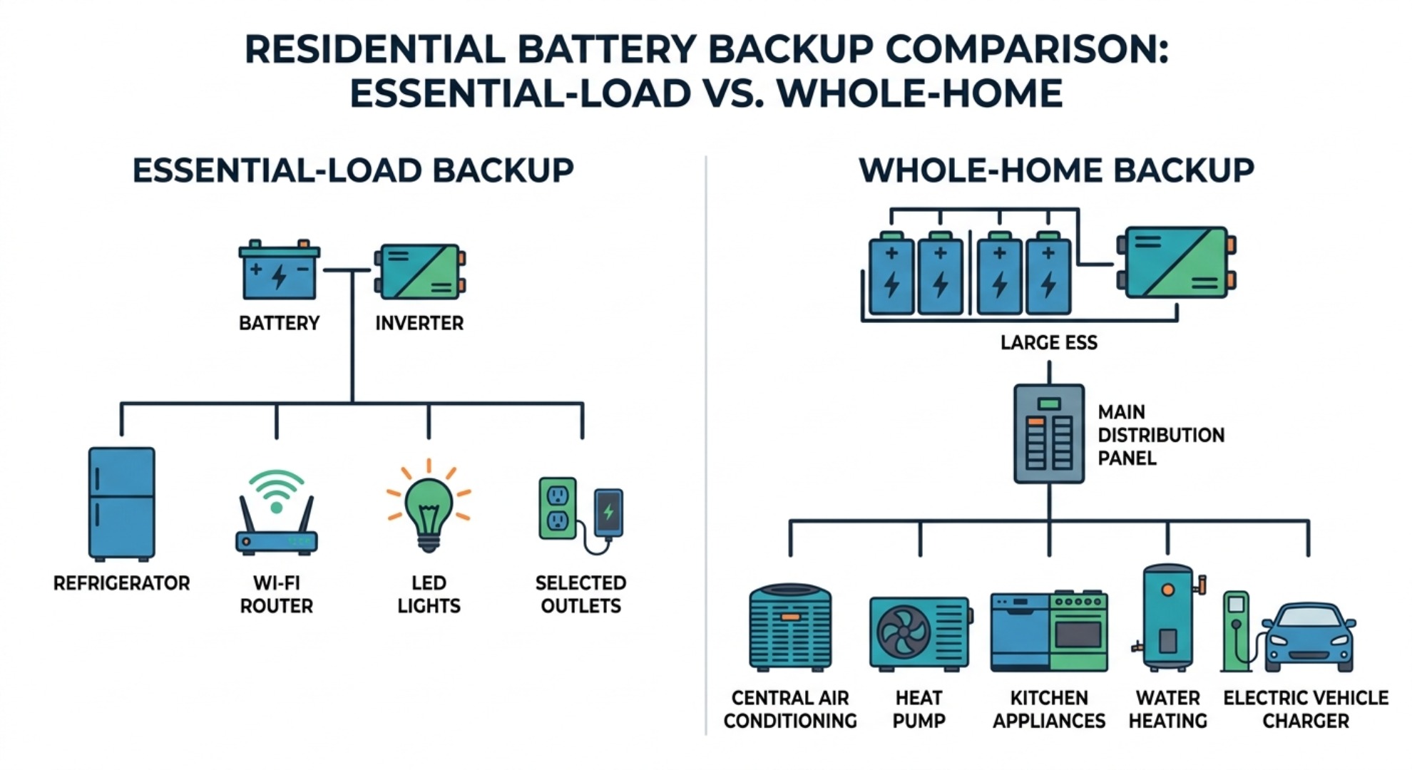 Comparison of essential-load backup and whole-home backup using a LiFePO4 battery and inverter system